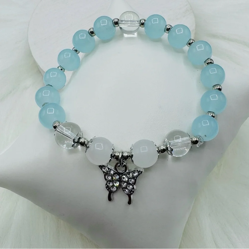 Blue Beaded w/ Sparkly Butterfly Charm Bracelet - Small wrists